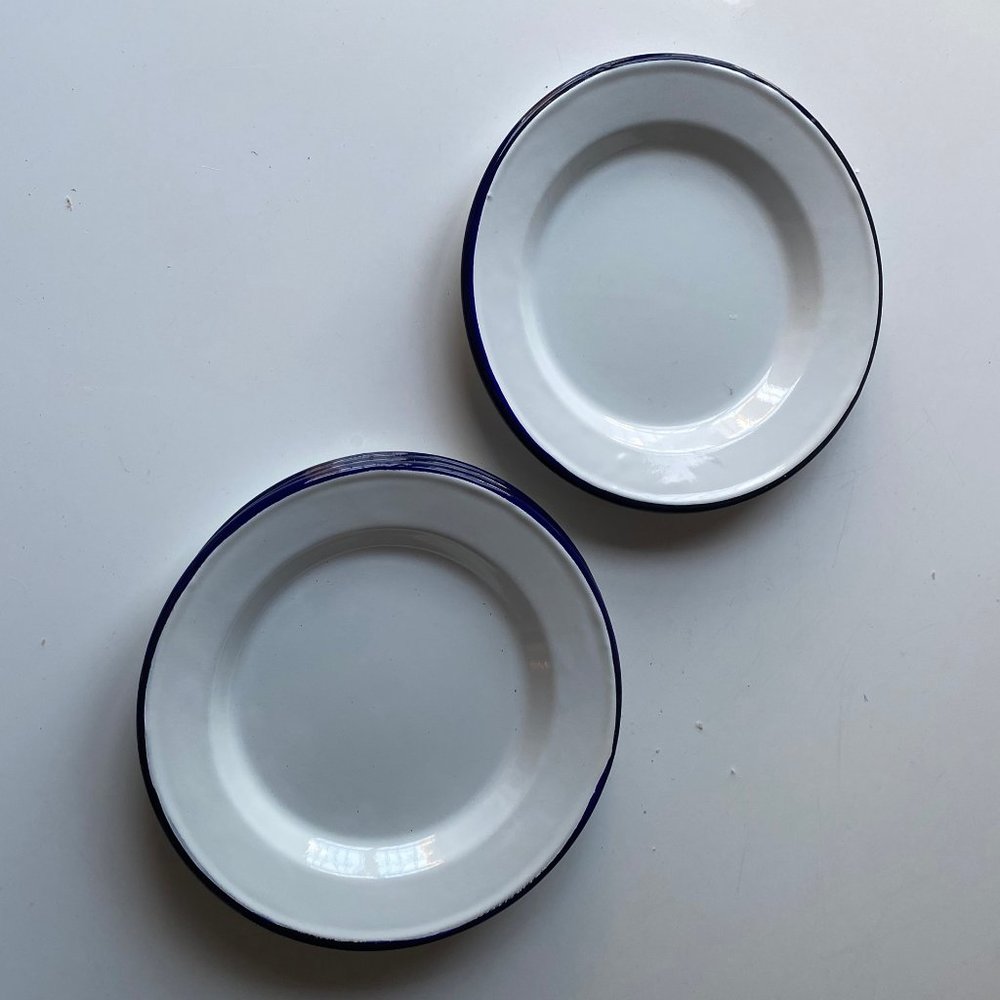 White and Blue Enamelware Dessert Plates, set of 6